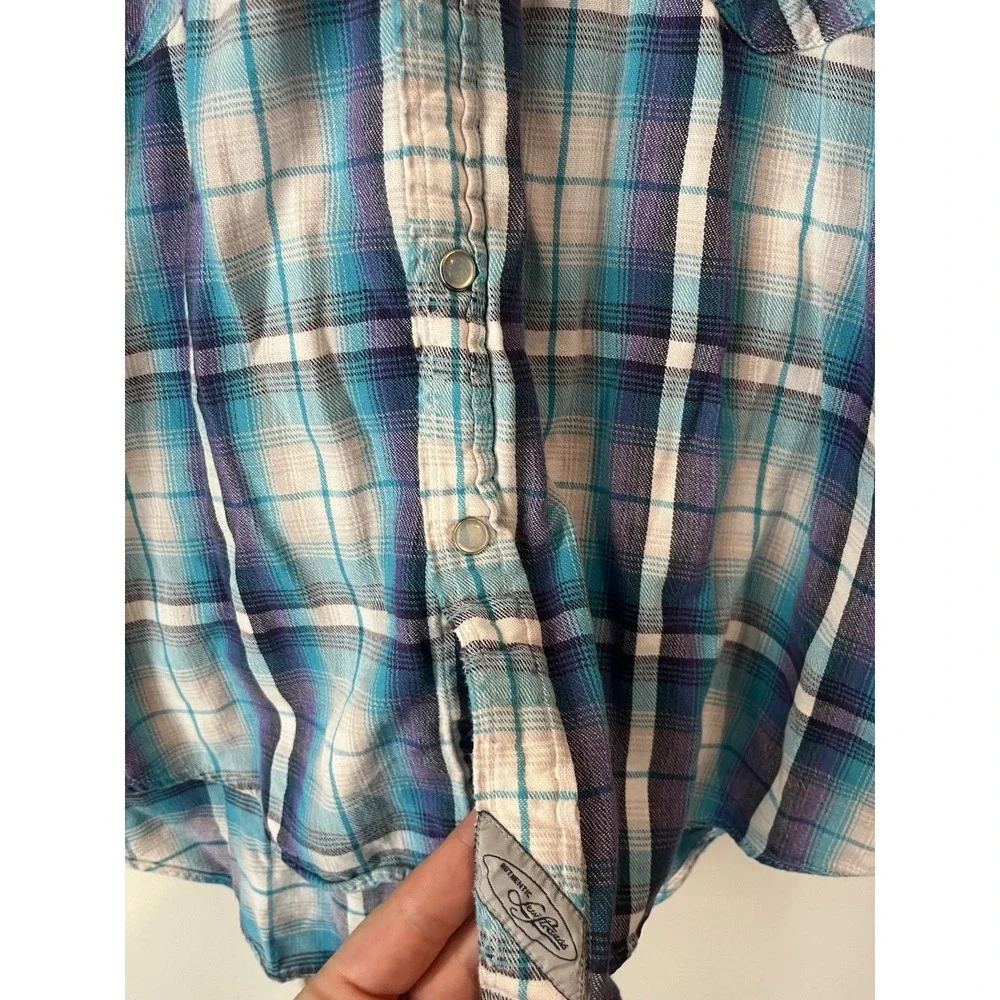 Levis Vintage 90s Y2k Distressed Plaid Pearl Snap Button Down Womans‎ Large Blue